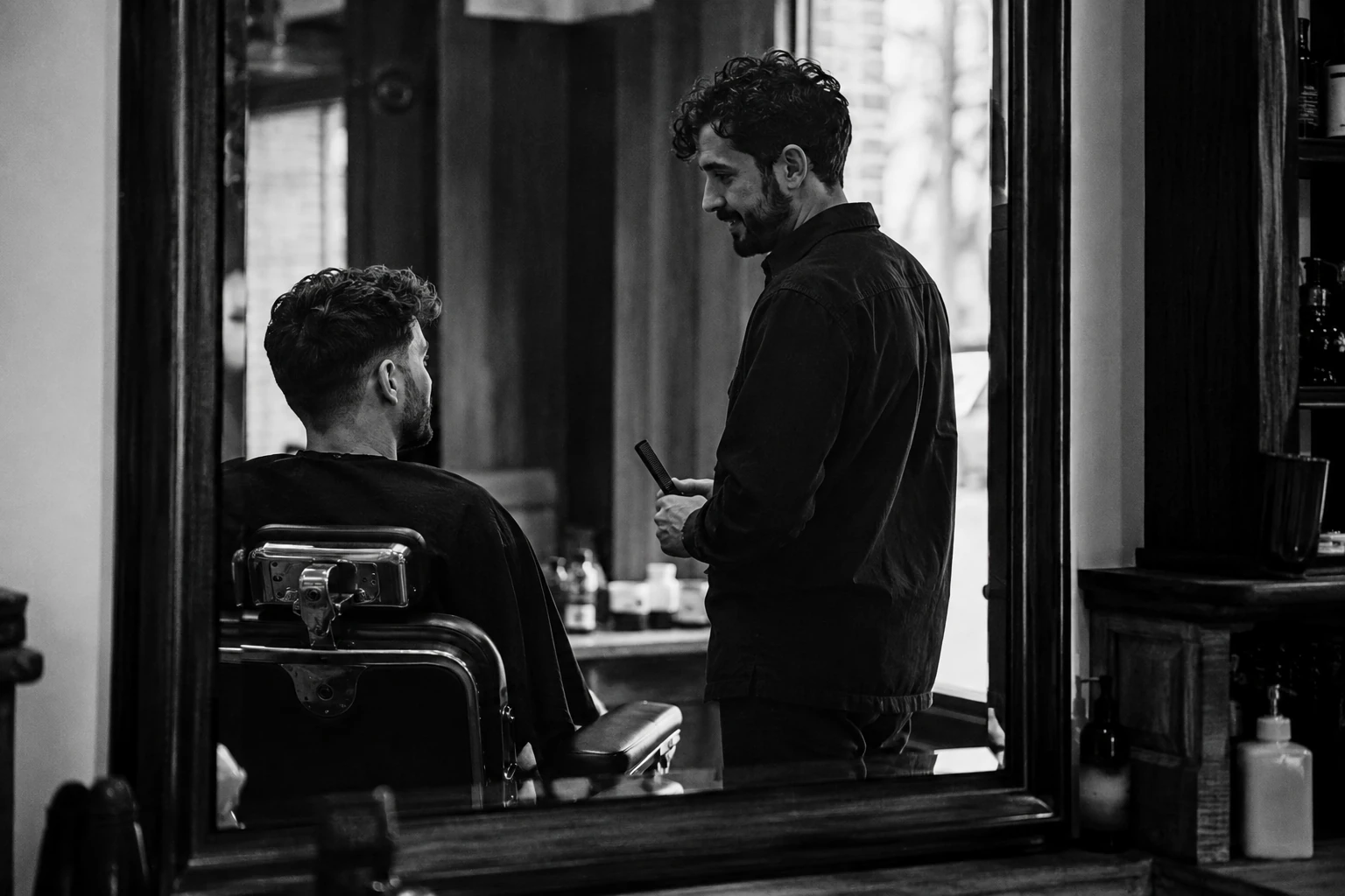 A barber talking to a client in front of a mirror.