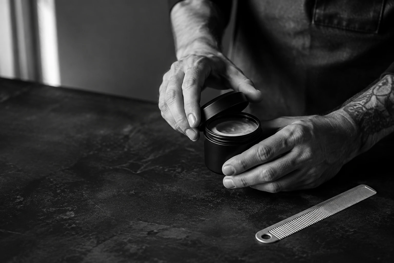 A barber holding an open wax jar beside a comb.