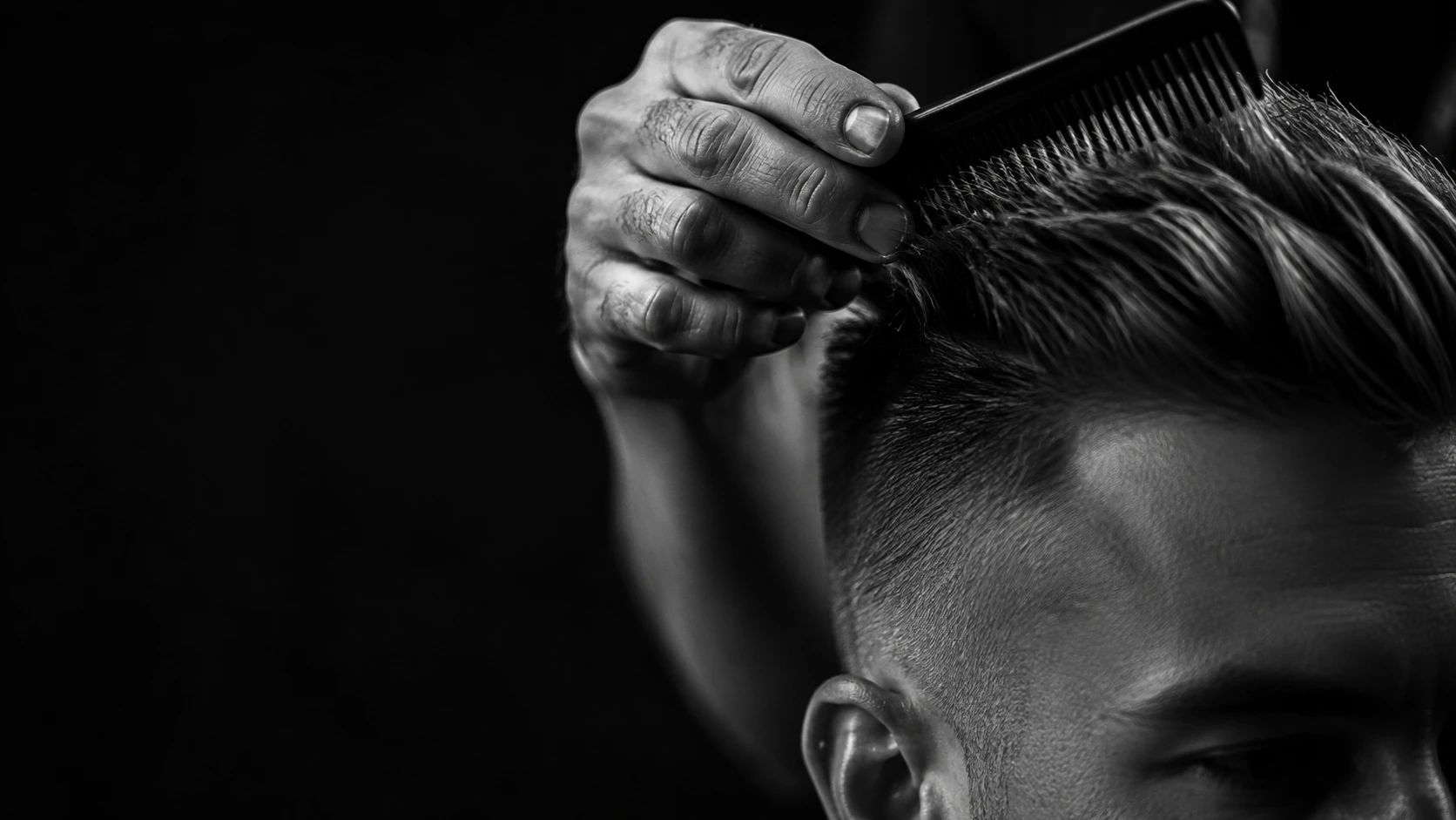 A barber shaping a client’s hair with a comb.